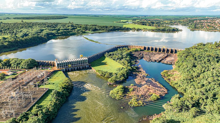 Birds Eye View Of A River And Dam 