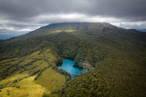  Aerial View of the Arenal Volcano with the Peak Hidden in Dark Clouds, Costa Rica