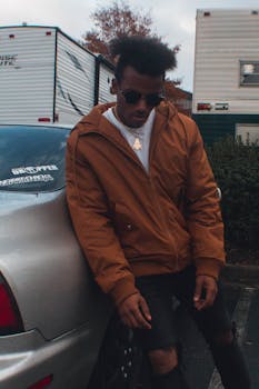 一名时尚男子戴着墨镜、穿着棕色夹克，在户外随意地靠在一辆银色汽车上