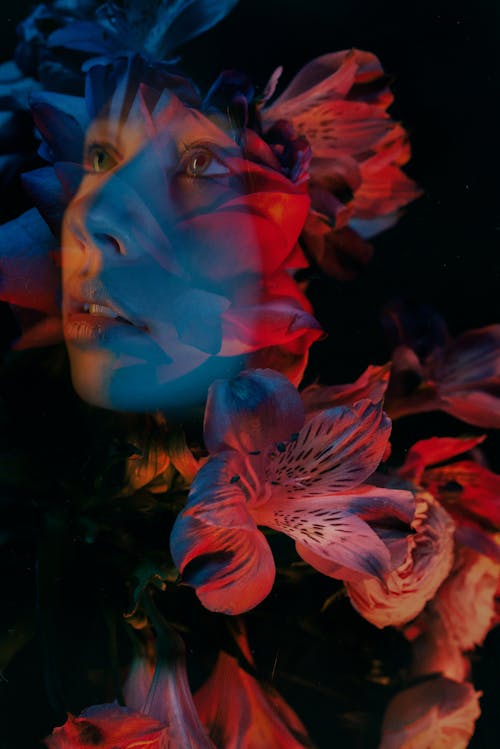 Blurred Flowers around Woman Face
