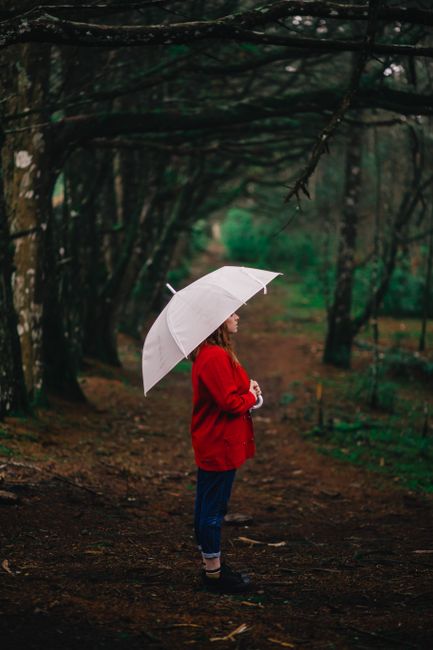 Woman standing with umbrella in a gloomy forest pathway, evoking a sense of solitude and contemplation.