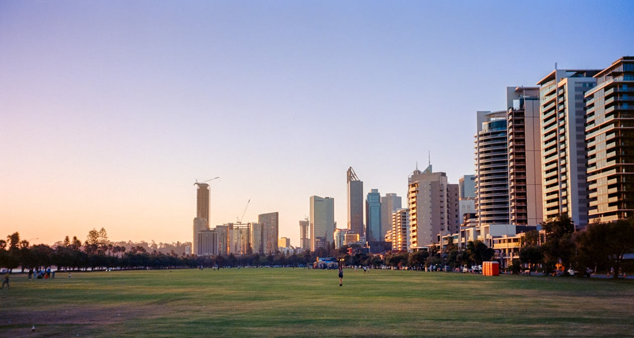A grassy field with tall buildings in the background