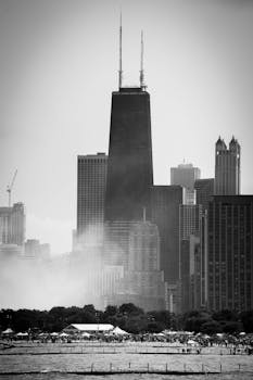 芝加哥标志性天际线与汉考克大厦以引人注目的黑白摄影作品呈现
