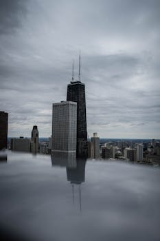 阴天的汉考克大厦倒映在水中，映衬着喜怒无常的芝加哥天际线