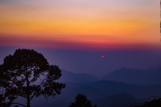 Beautiful sunset over the misty hills of Uttarakhand, India, with vibrant sky colors and a silhouetted tree.
