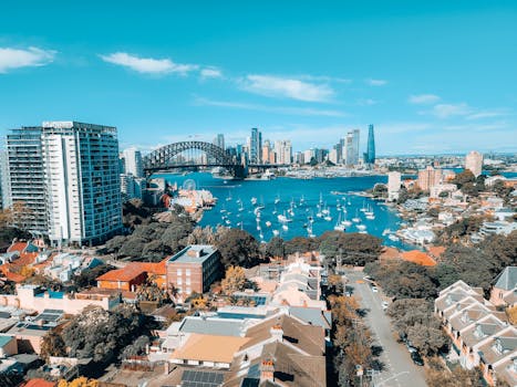 Stunning aerial view of Sydney's iconic skyline and harbor, featuring the famous Sydney Harbour Bridge.