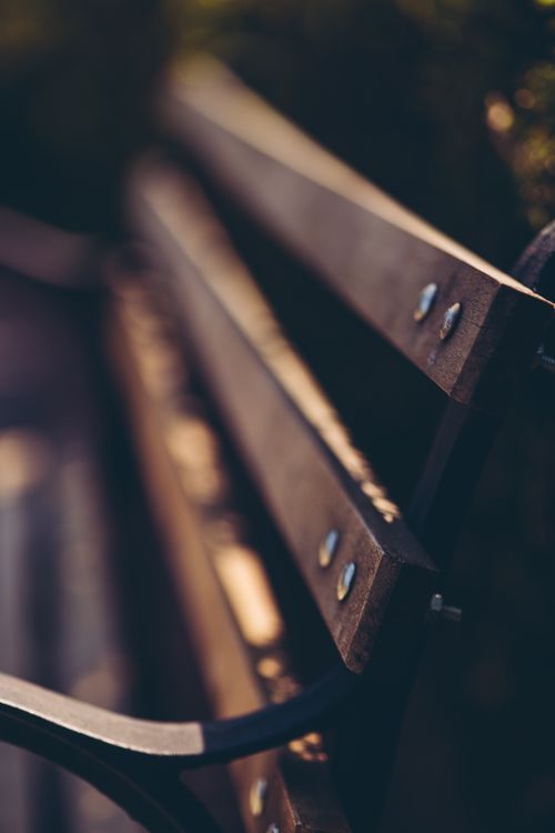 Free Close-up of a wooden park bench with selective focus during sunset, creating a relaxing mood. Stock Photo