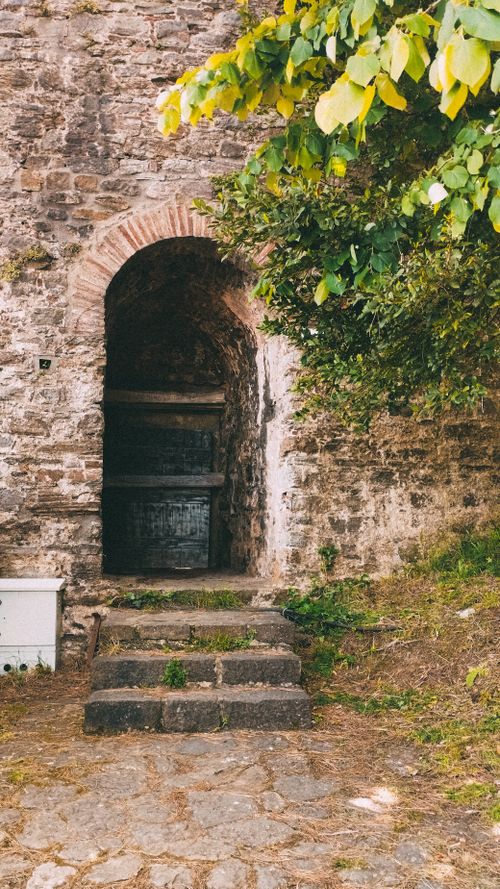 Free Explore a historic stone castle entrance with an archway, rich in texture and surrounded by greenery. Stock Photo