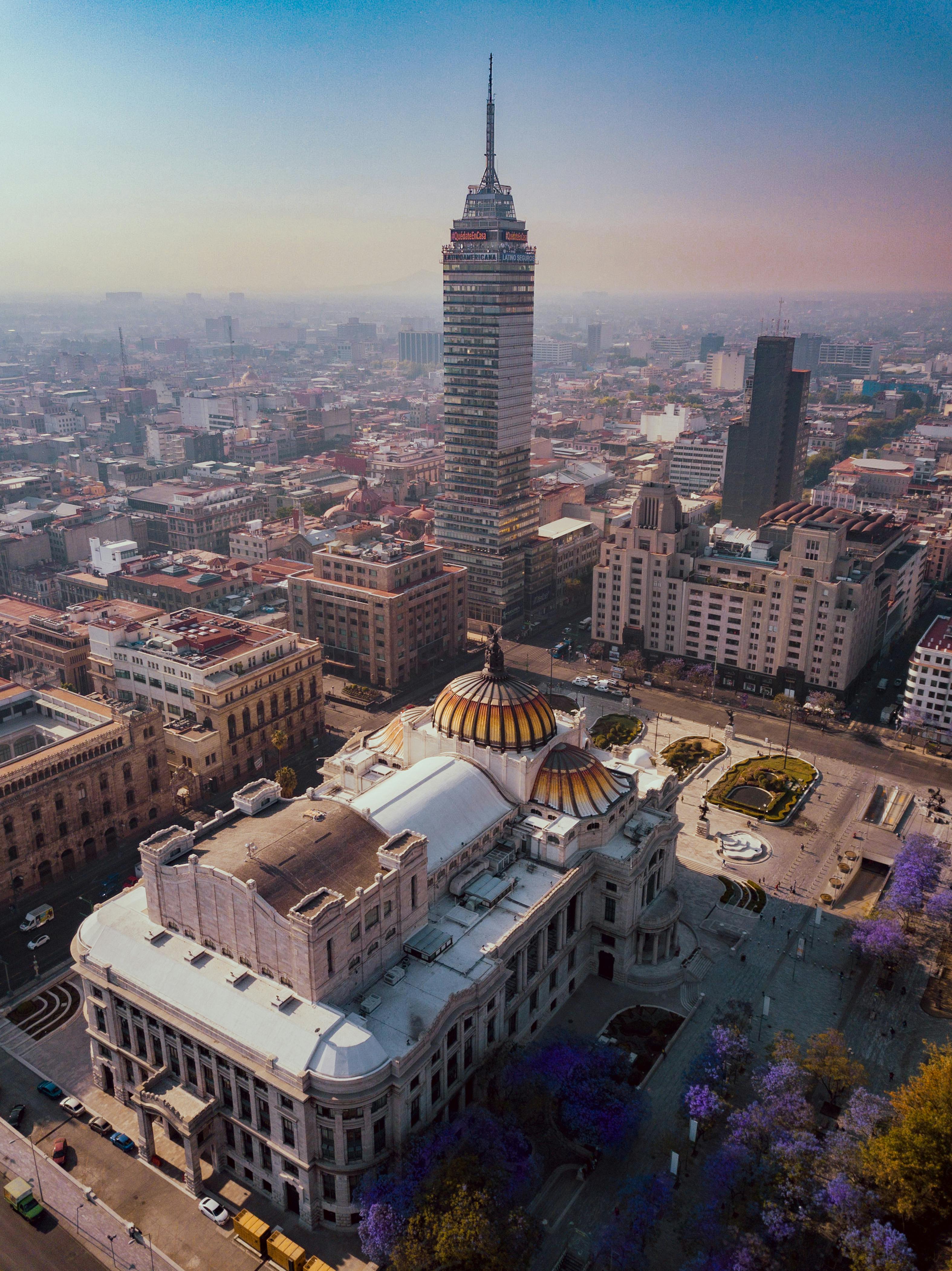 aerial view of mexico city downtown with the palacio de bellas artes and torre latinoamericana in the center