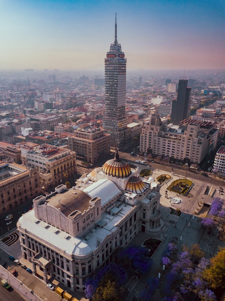 Aerial View Of Mexico City Downtown With The Palacio De Bellas Artes And Torre Latinoamericana In The Center 