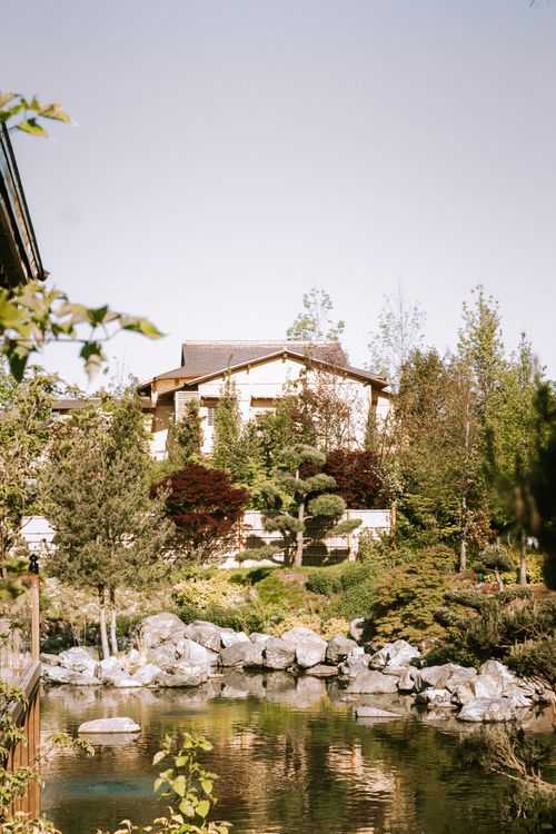 Free A serene garden pond surrounded by lush vegetation and a house, capturing a tranquil outdoor scene. Stock Photo