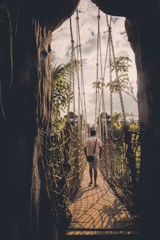 男子走在绿树成荫的吊桥上，透出一股探索的气息