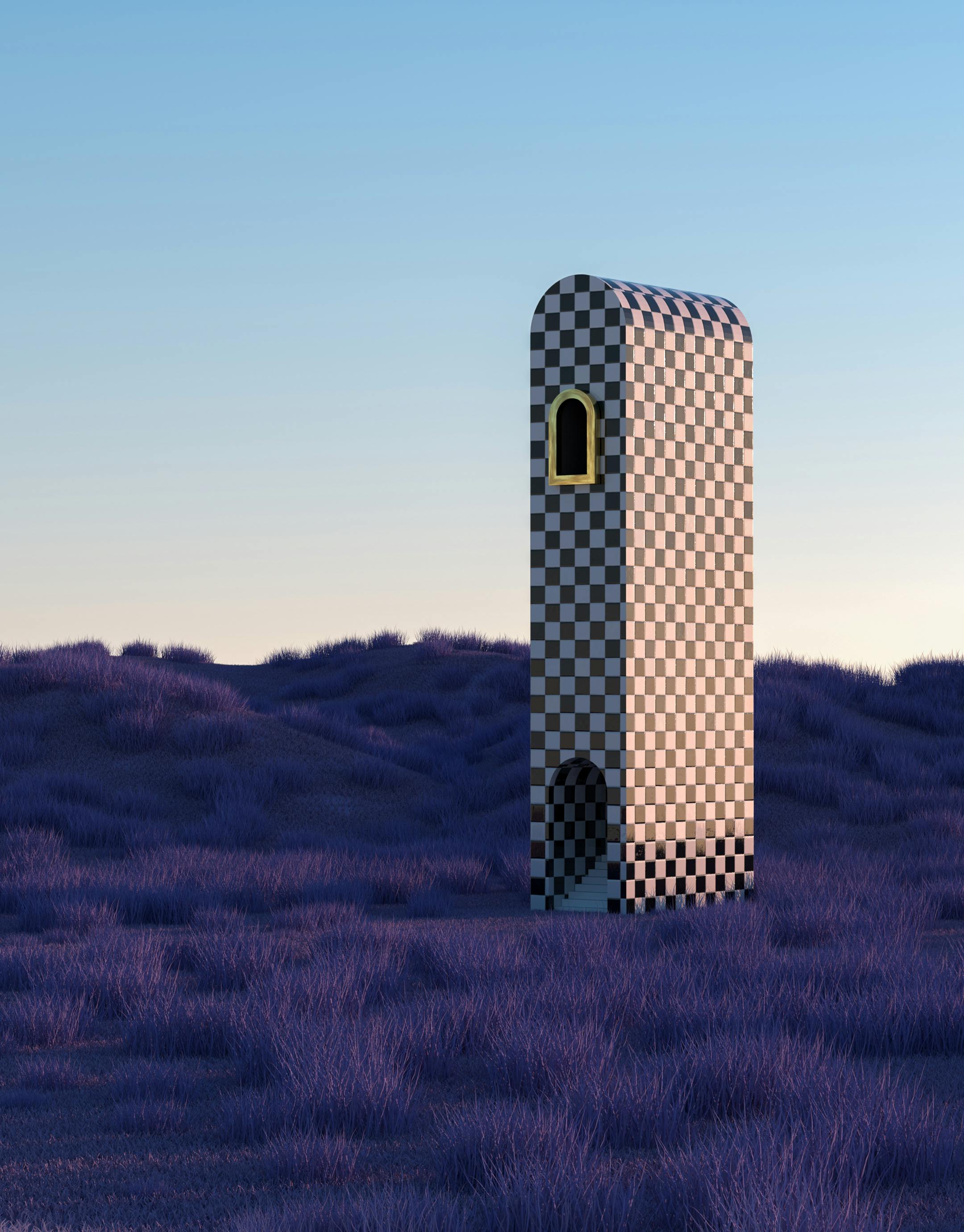 A whimsical checkered tower standing in a purple meadow under a clear sky, evoking a surreal dreamscape.