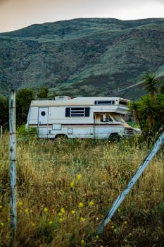 Scenic landscape featuring a vintage RV amidst wild grass and hills in Valle de Guadalupe, Mexico.