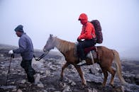 男子与骑手牵着马穿越迷雾山地，象征着冒险和探索
