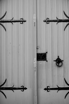 Black and white photo of a vintage door featuring intricate metal fittings and designs.