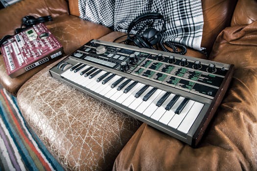 Close-up of analog synthesizer and sound mixer on a cozy leather couch, representing modern music production.