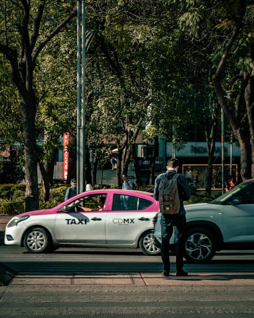 Man Standing near Street with Taxi