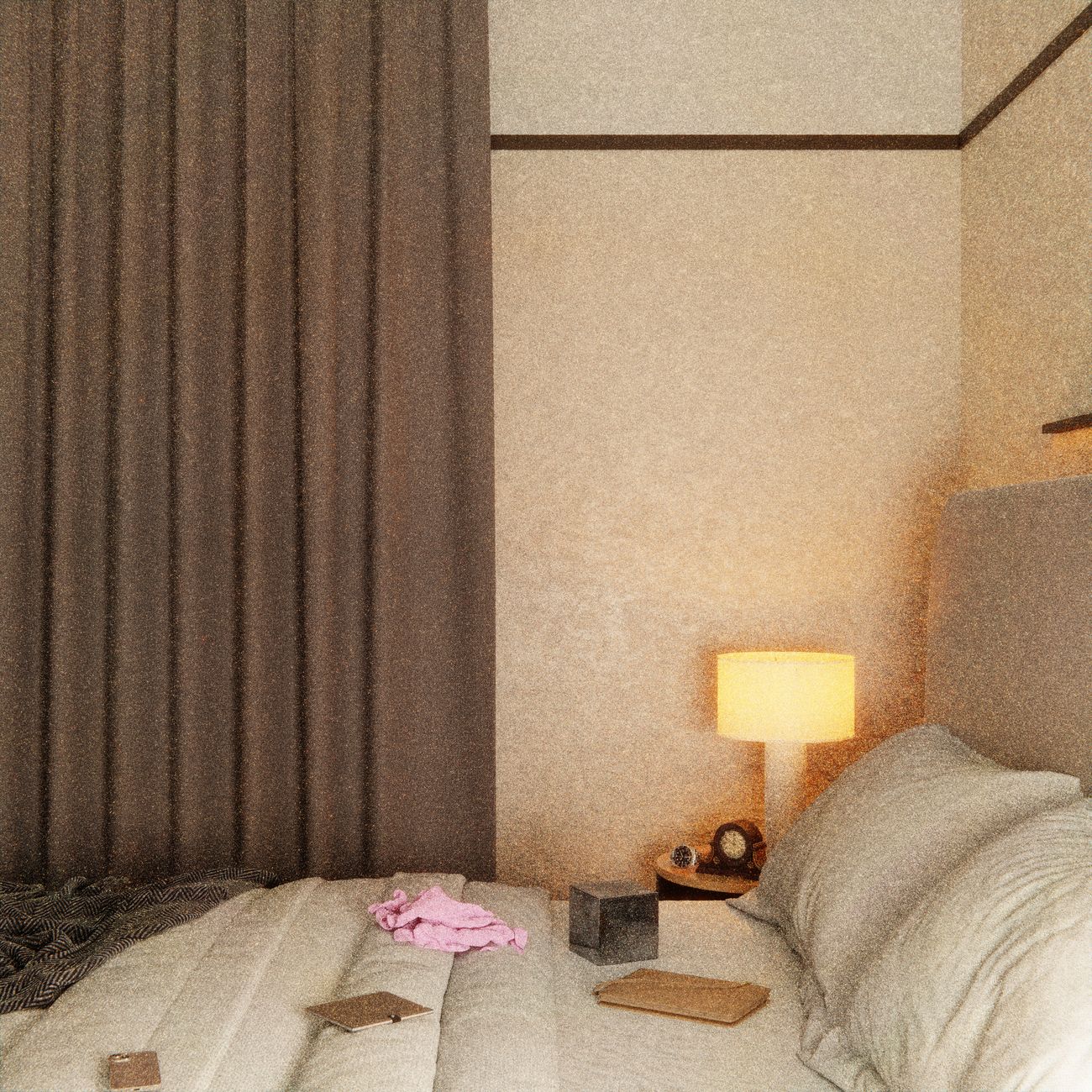 A cozy bedroom featuring a soft-lit lamp, neutral decor, and a comfortable bed with scattered items.