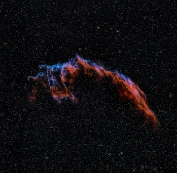 Colorful imagery of the Veil Nebula supernova remnant in the Cygnus constellation.