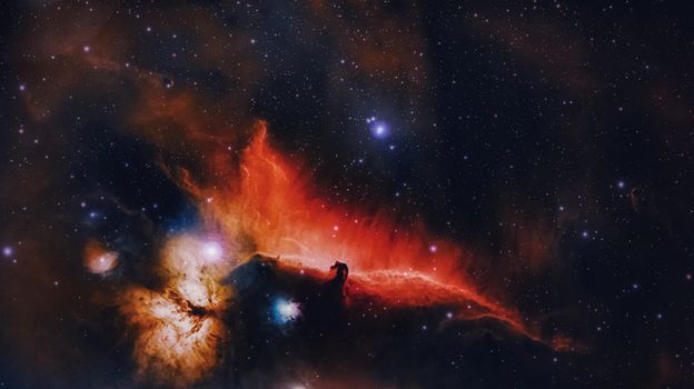 Vivid capture of the Horsehead Nebula glowing in the vast, starry cosmos.