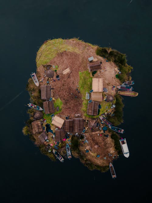 Aerial View of Huts on a Small Islet in Lake Titicaca