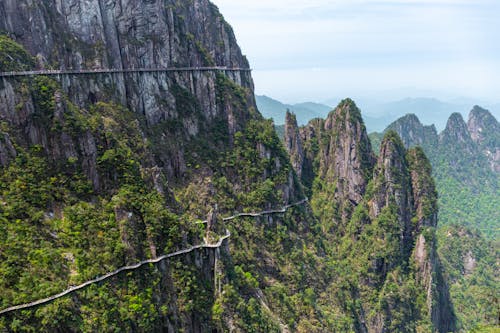 Landscape of Rocky Mountains with Attached Wooden Footbridges 