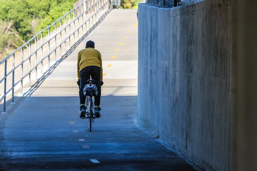 Free A man cycling under an urban bridge, enjoying a sunny day on a dedicated bike path. Stock Photo