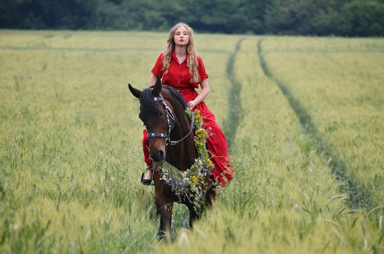 Young Woman In A Red Dress Riding A Horse Through The Field