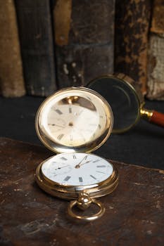 Antique brass pocket watch and magnifying glass arranged with old books, evoking nostalgia.