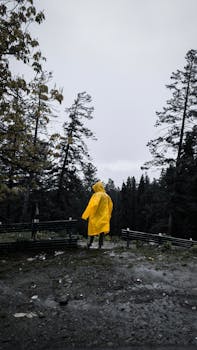 A lone individual in a yellow raincoat stands in a misty forest, symbolizing solitude and adventure.