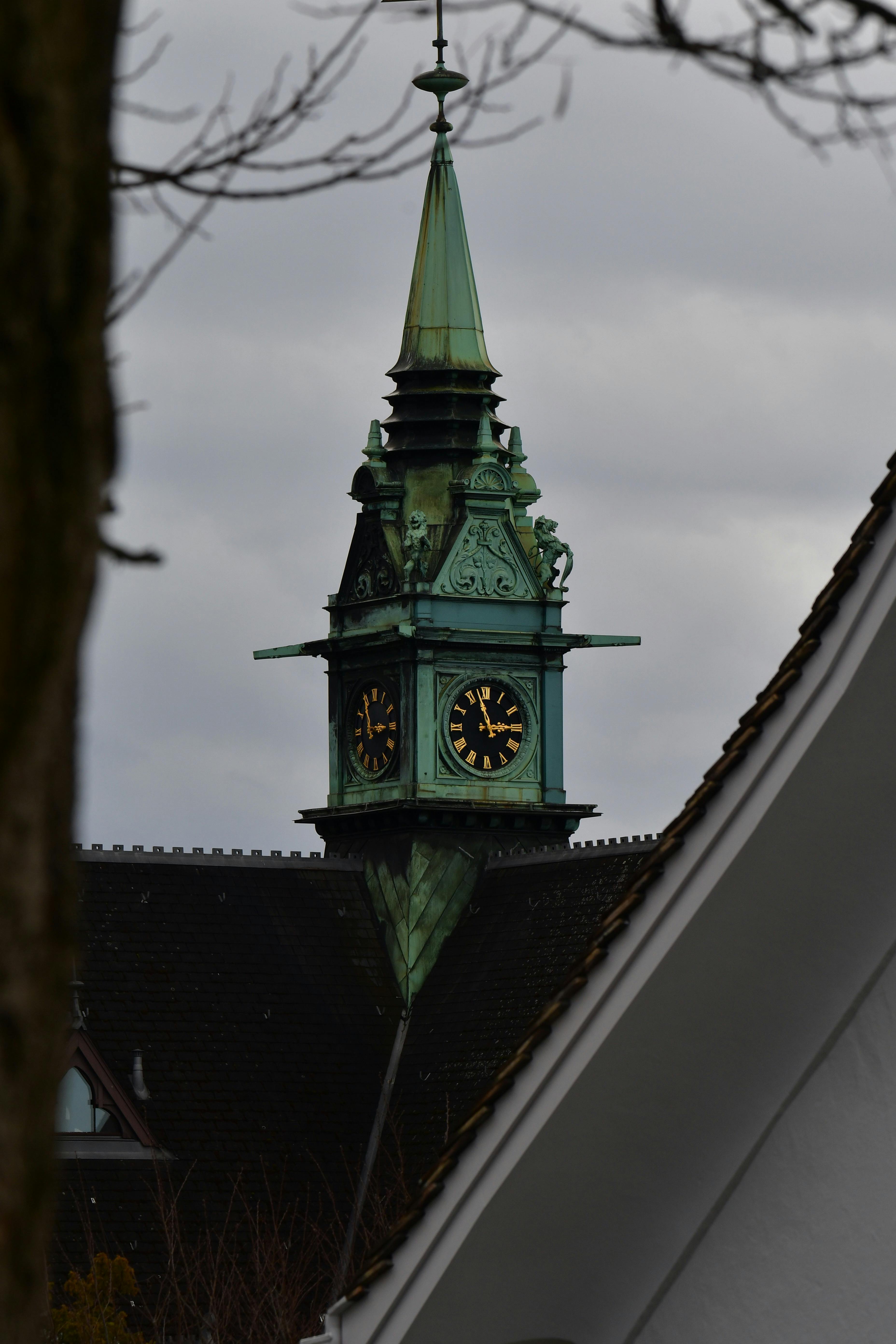 Historic gothic clock tower framed by rooftops, set under an overcast sky.