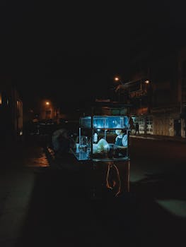 A small food stand illuminates a dark urban street at night, creating a moody and dramatic atmosphere.