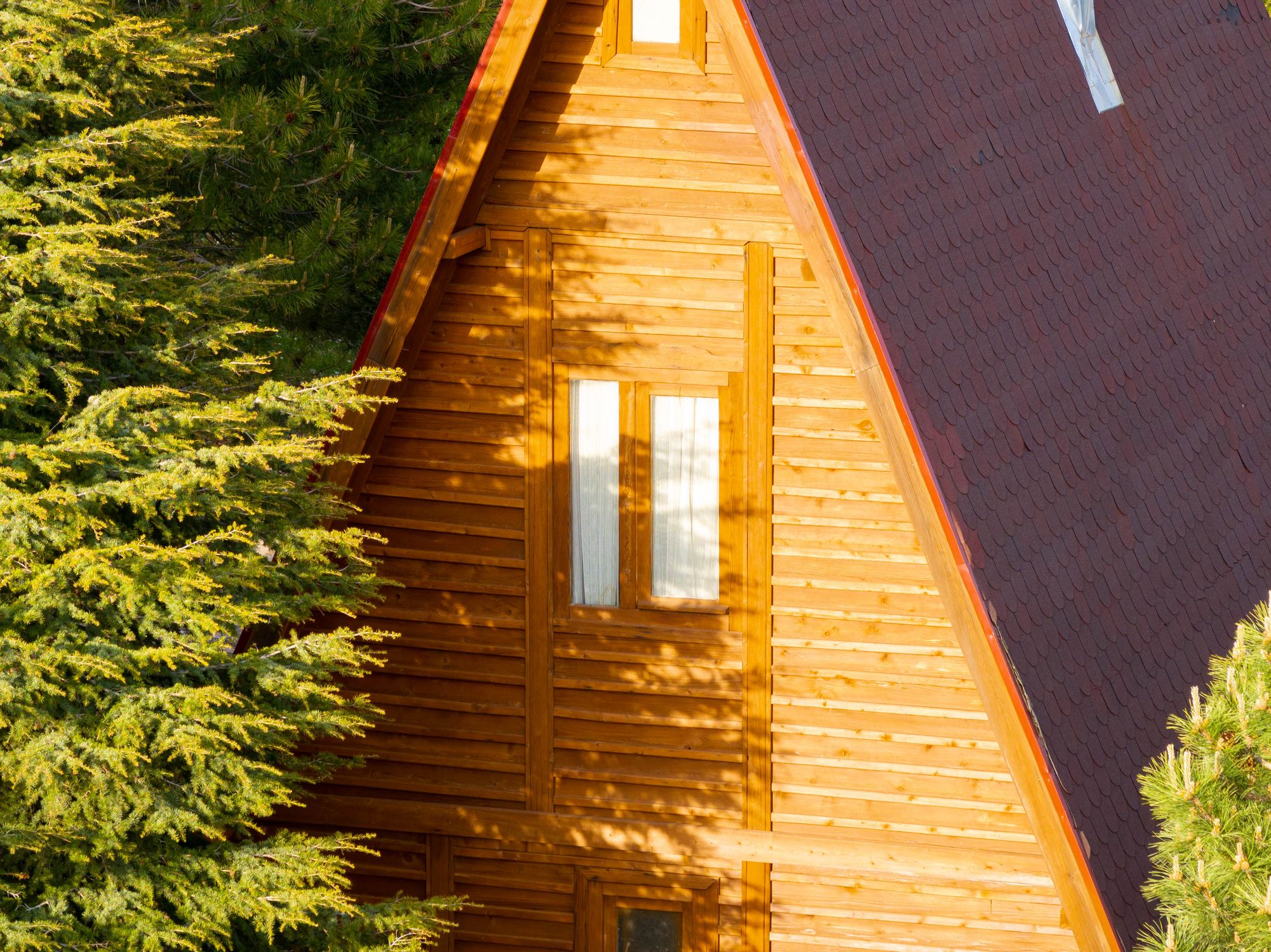 A beautiful wooden cabin nestled in a lush forest, showcasing rustic architecture and serene nature.