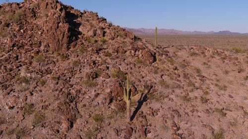 Free Scenic rocky desert terrain near Tonopah, Arizona with cacti under clear blue skies. Stock Photo