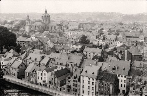 Free A vintage black and white aerial view of a European town with historic architecture. Stock Photo