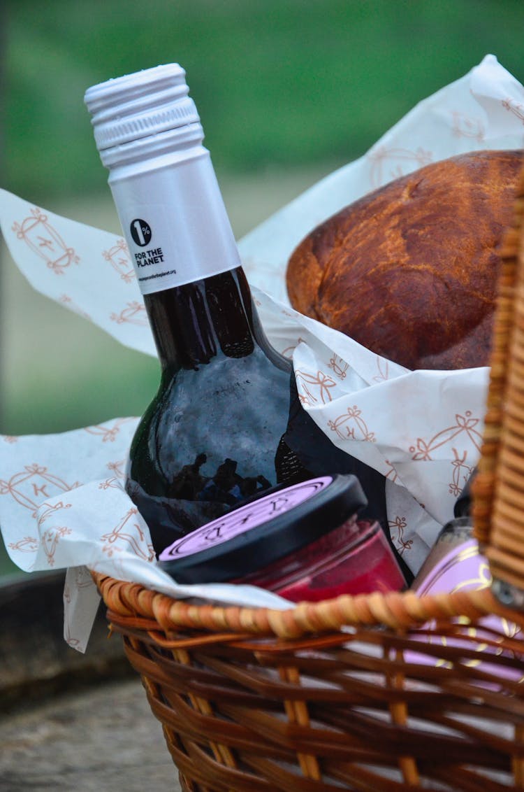 Close-up Of A Basket With Food And Drinks