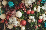 圣诞树上装饰着充满活力的饰品和节日彩灯