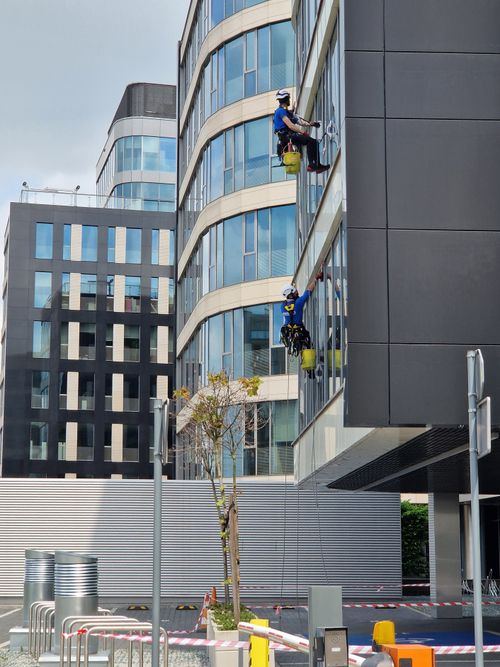 Commercial cleaners cleaning windows of an office building