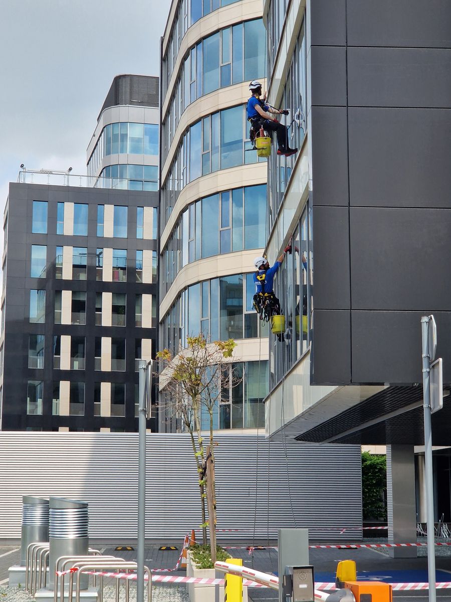 Commercial cleaners cleaning the windows of an office building in Reading