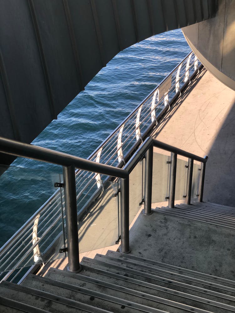 High Angle View Of Stairs And Deck Of A Passenger Ship 