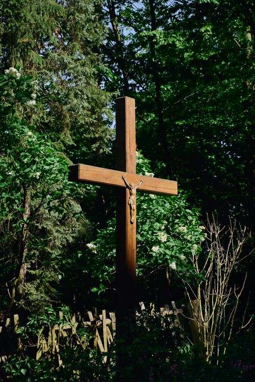 Free A wooden crucifix stands amidst green foliage, symbolizing faith and nature. Stock Photo