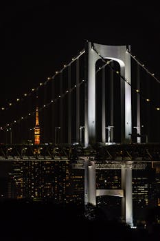 Capture of a lit suspension bridge over a night cityscape in Tokyo, Japan.