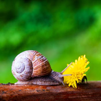 A garden snail resting on a dandelion flower with a vibrant green background.