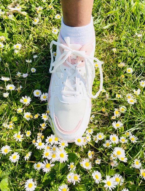 Free A white sneaker steps on a blossoming chamomile meadow, showcasing style and nature. Stock Photo