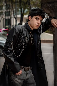 Fashionable man poses in a black trench coat on the streets of Ciudad de México, showcasing urban style.