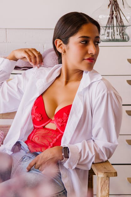 Girl In Red Bra And White Shirt Stock Photo, Picture and Royalty Free  Image. Image 15876166.