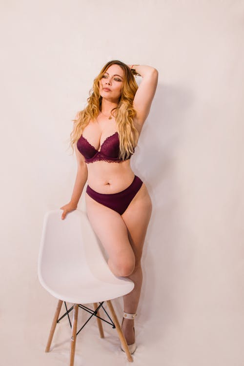 Standing by Chair Model in Maroon Lingerie