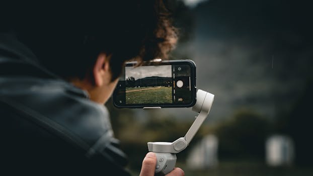 Person using a smartphone and gimbal to film a scenic outdoor landscape.