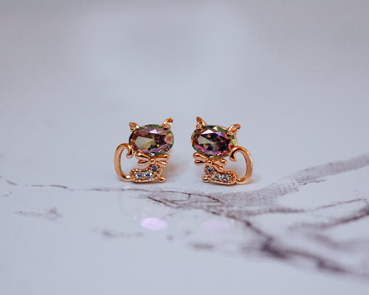 Gemstone And Golden Cats Earrings